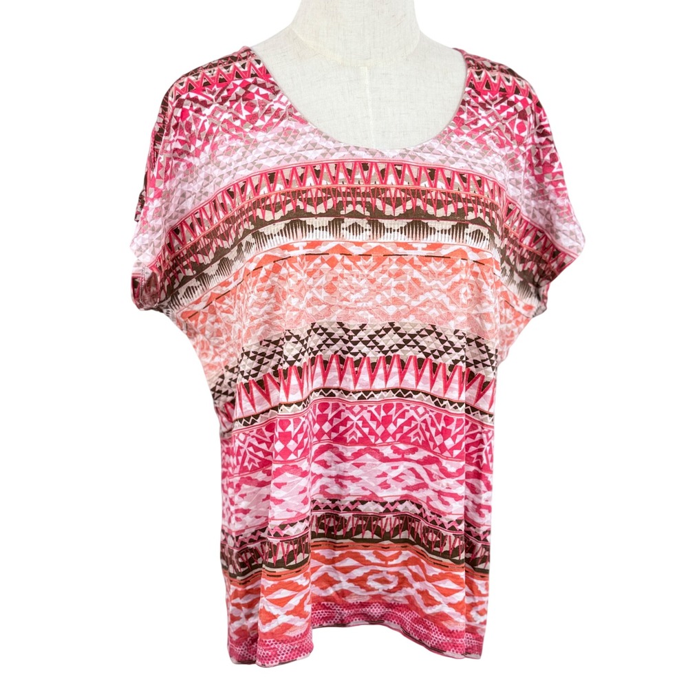 Chicos 2 L Knit Top Geometric Tribal Short Sleeve Scoop Neck Tunic‎ Women EUC
